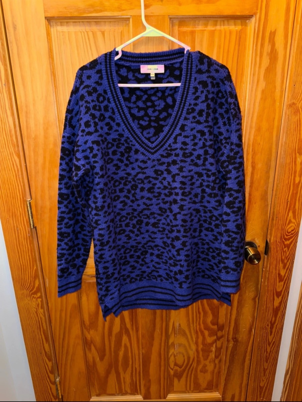 John + Jenn Royal Blue and Black Leopard V-Neck Sweater